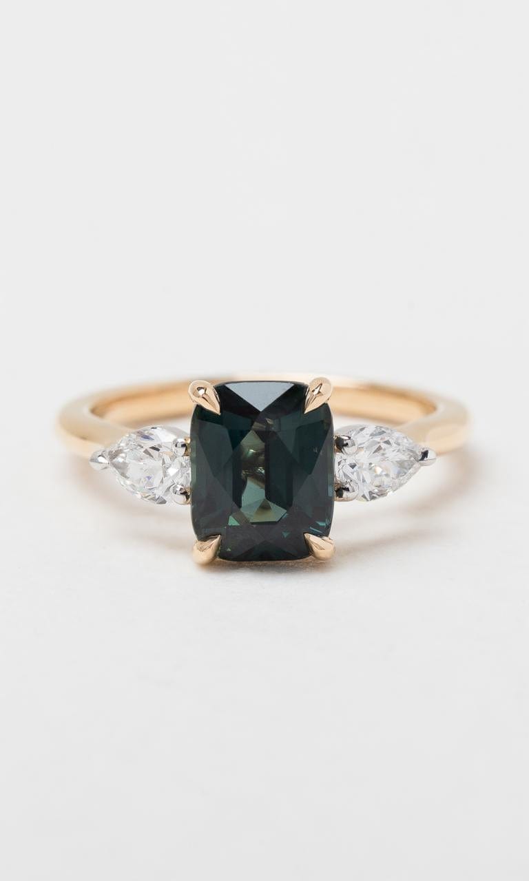 Hogans Family Jewellers 18K YWG Cushion Cut Sapphire Trilogy Ring