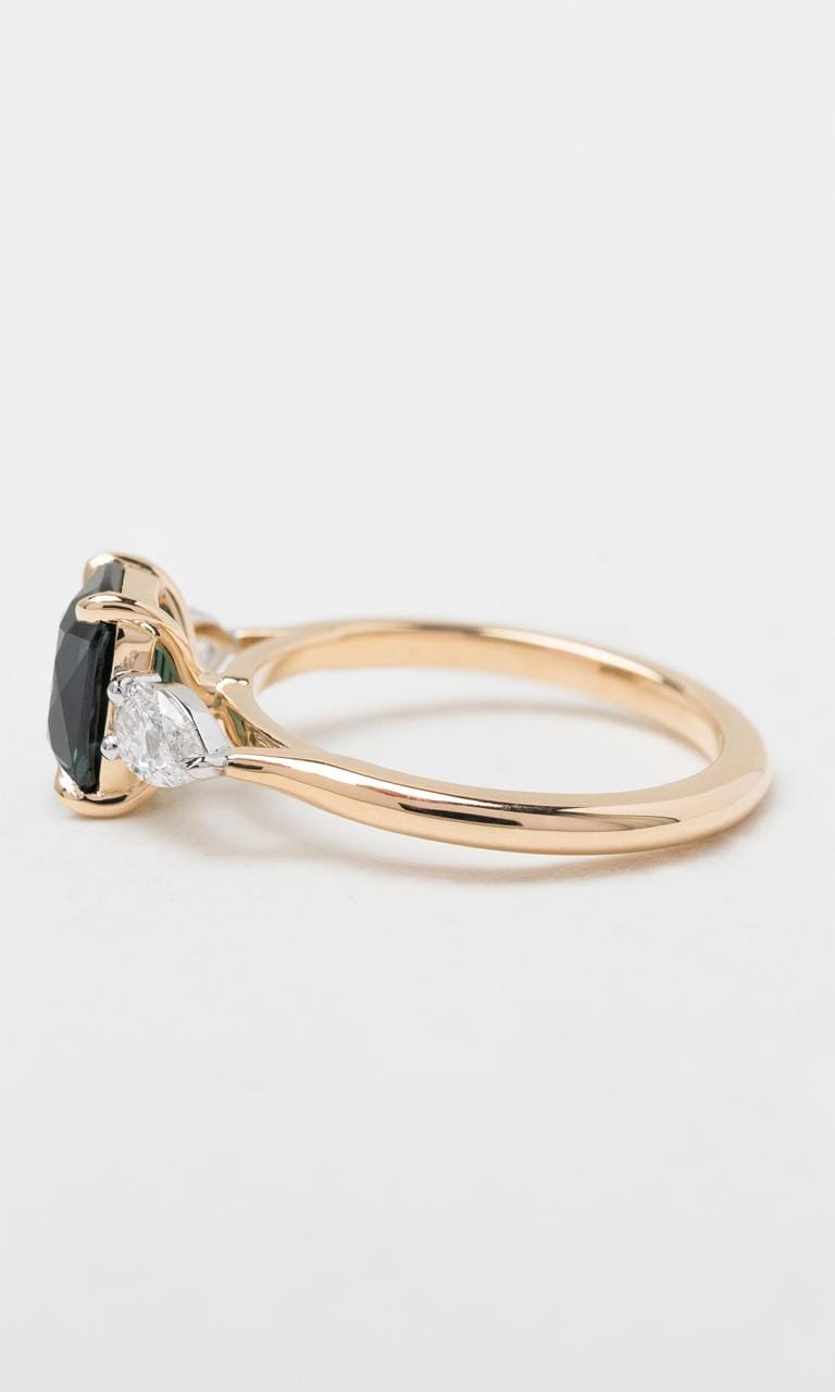 Hogans Family Jewellers 18K YWG Cushion Cut Sapphire Trilogy Ring