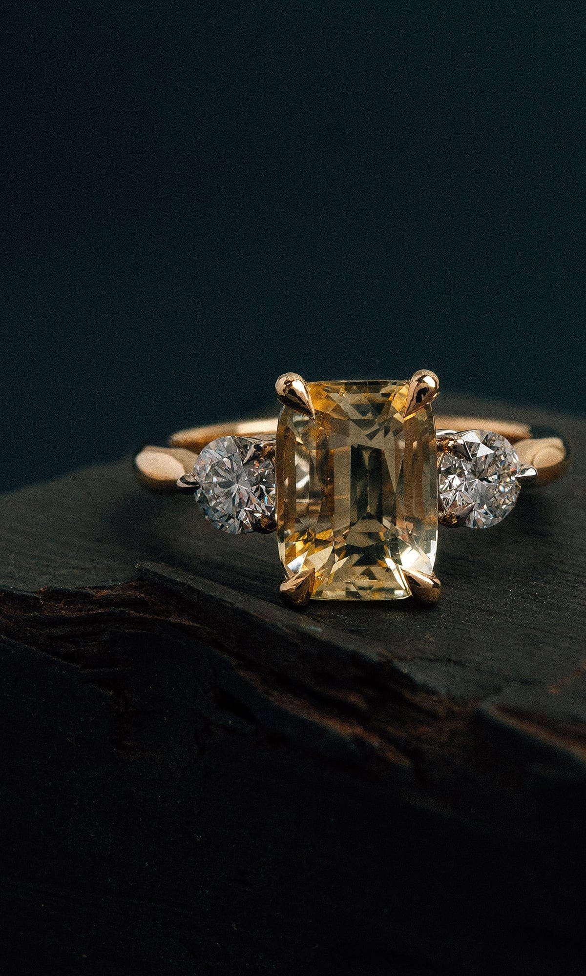 Hogans Family Jewellers 18K YWG Cushion Cut Sapphire Trilogy Ring