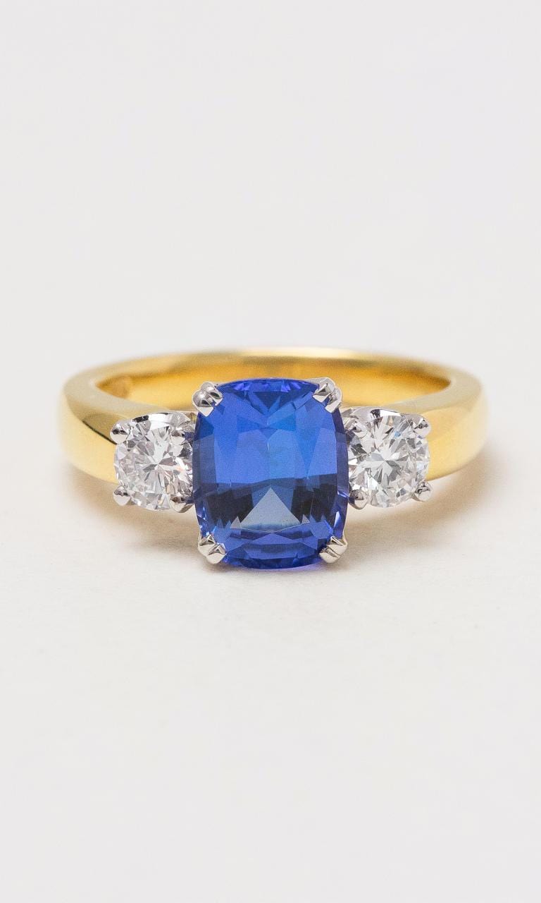 Hogans Family Jewellers 18K YWG Cushion Cut Tanzanite Trilogy Ring