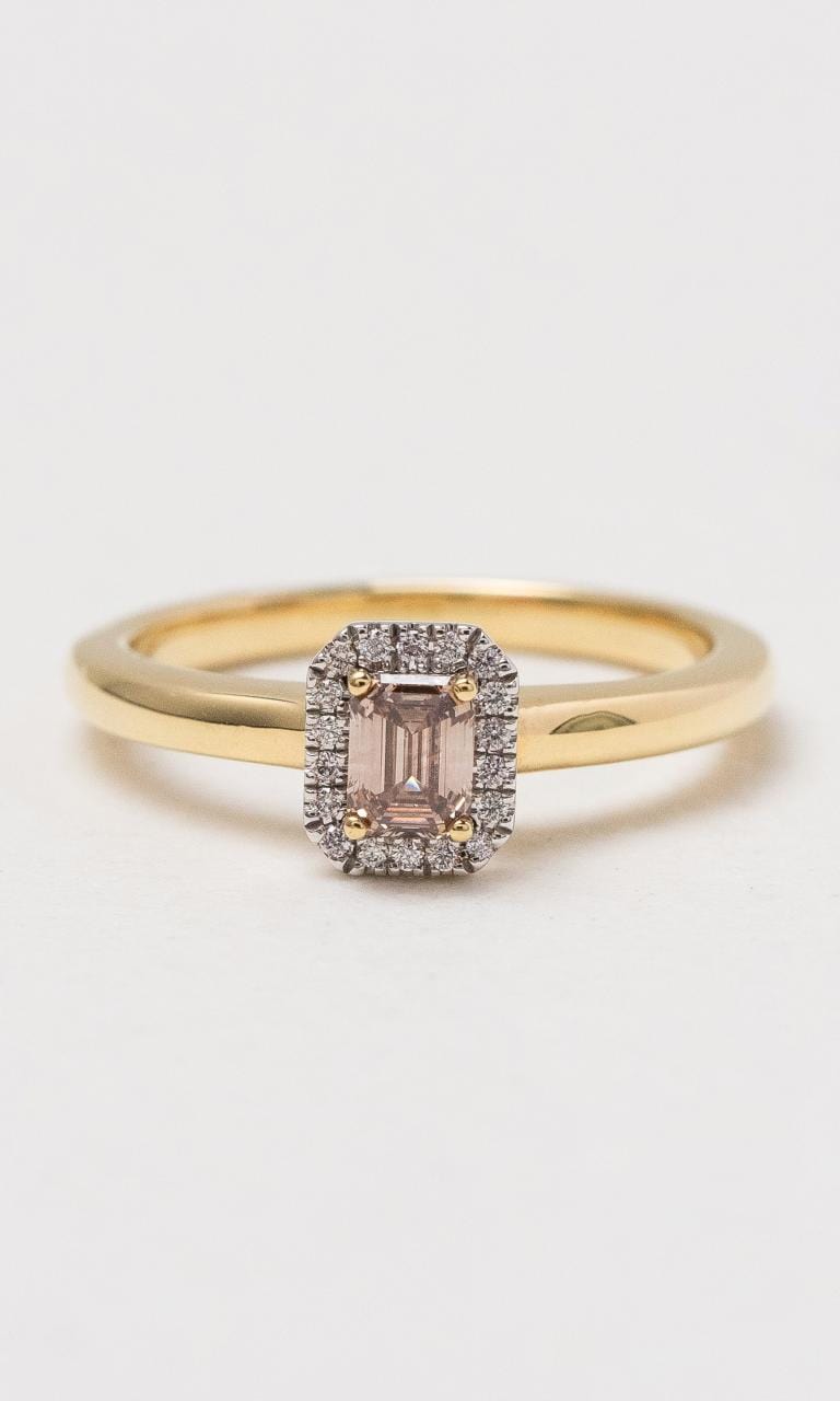 Hogans Family Jewellers 18K YWG Emerald Cut Champagne Halo Ring