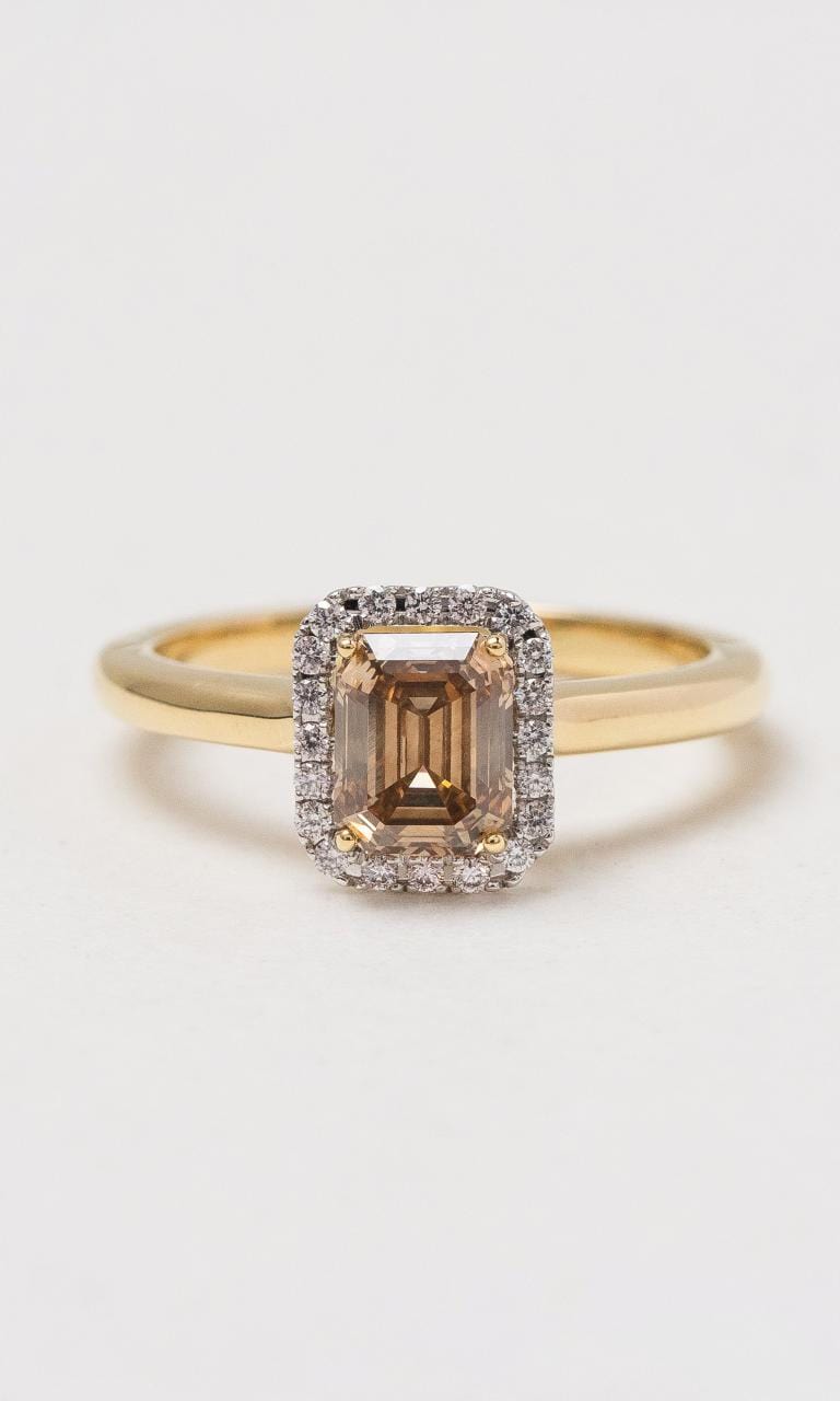 Hogans Family Jewellers 18K YWG Emerald Cut Champagne Halo Ring
