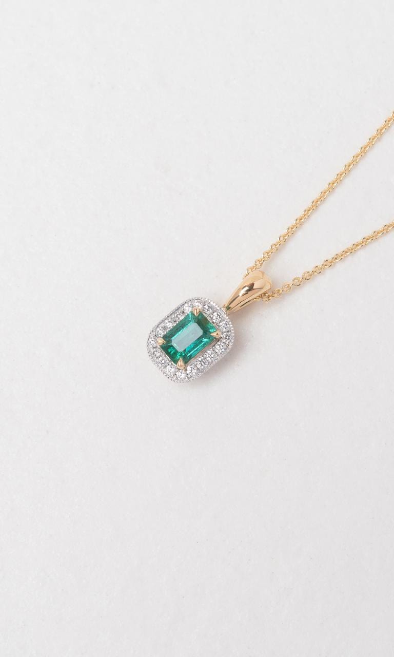 Hogans Family Jewellers 18K YWG Emerald Cut Emerald Halo Pendant
