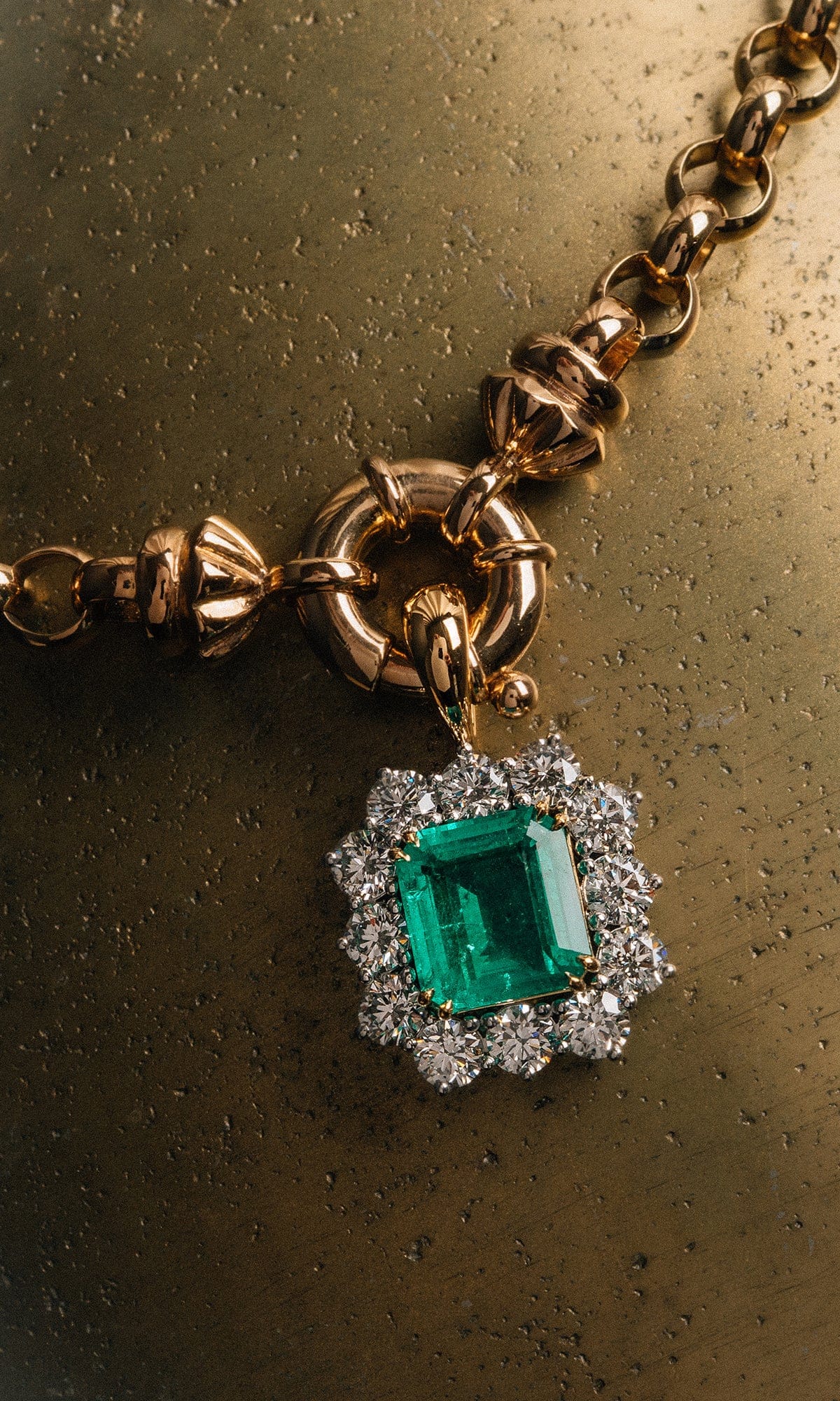Hogans Family Jewellers 18K YWG Emerald Cut Emerald Halo Pendant