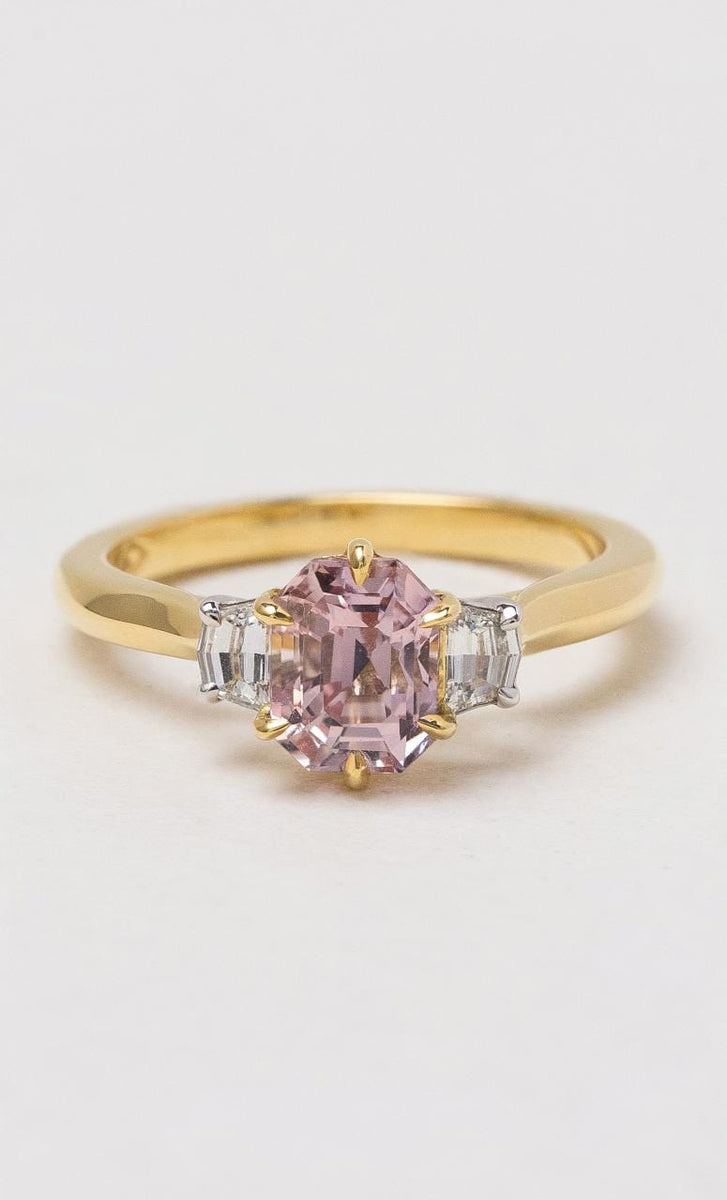 18K YWG Emerald Cut Peach Sapphire Trilogy Ring Hogans Family
