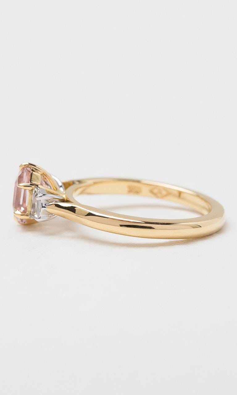 Hogans Family Jewellers 18K YWG Emerald Cut Peach Sapphire Trilogy Ring