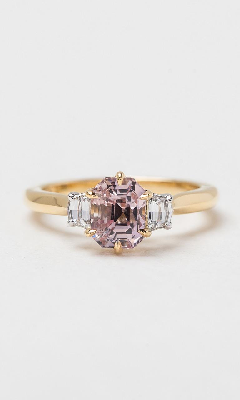 Hogans Family Jewellers 18K YWG Emerald Cut Peach Sapphire Trilogy Ring