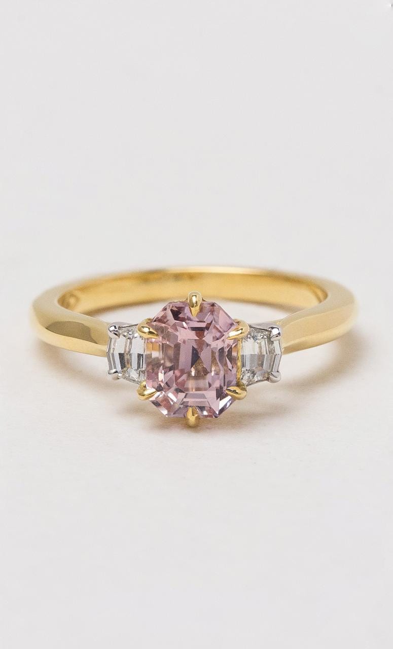 18K YWG Emerald Cut Peach Sapphire Trilogy Ring | Hogans Family Jewellers