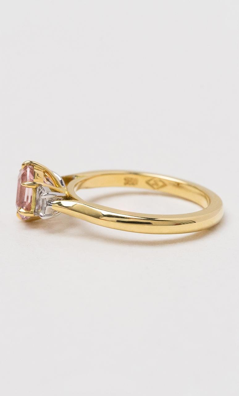 Hogans Family Jewellers 18K YWG Emerald Cut Peach Sapphire Trilogy Ring