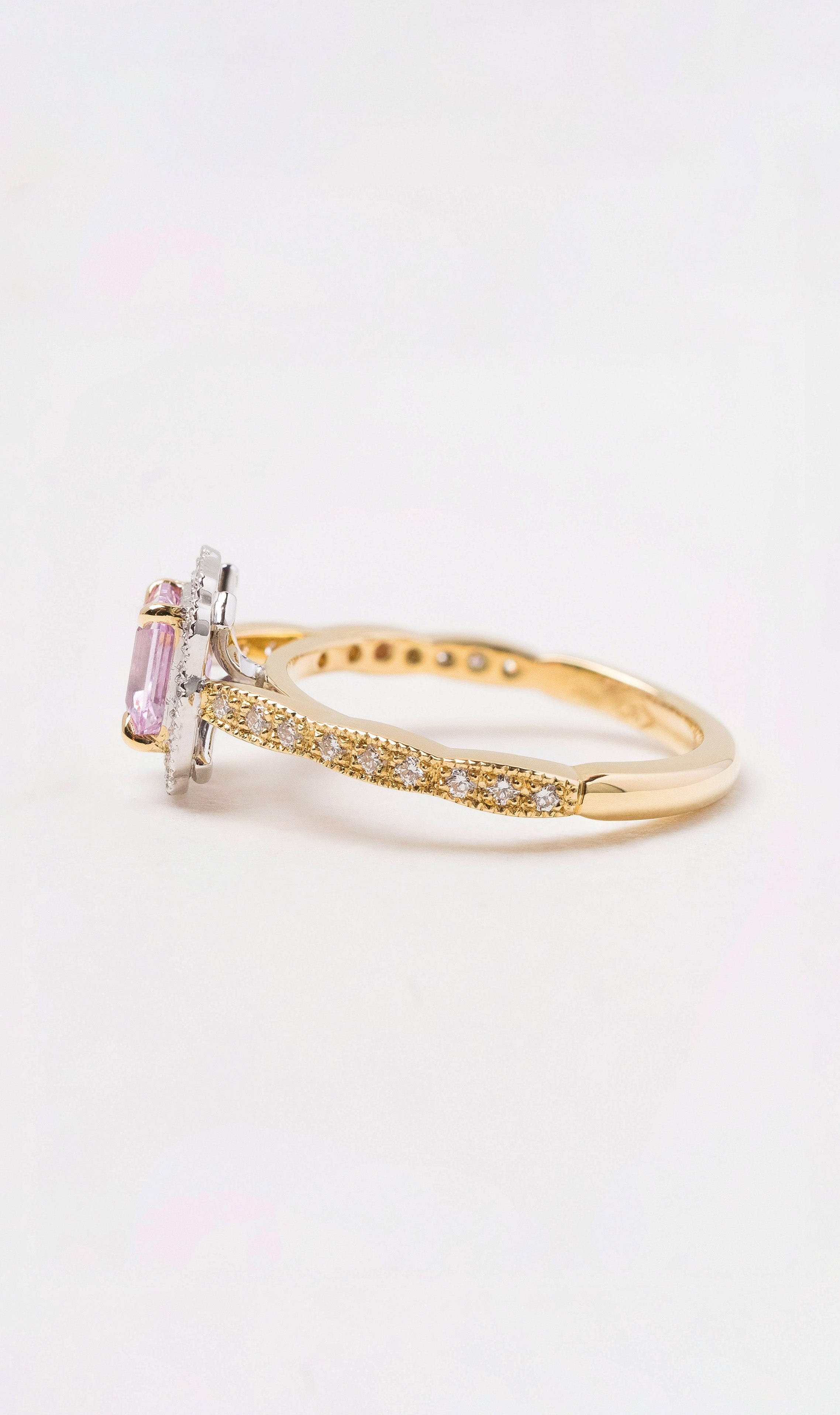 Hogans Family Jewellers 18K YWG Emerald Cut Pink Sapphire Ring