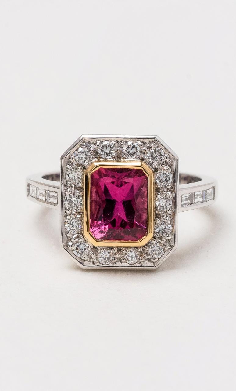 Hogans Family Jewellers 18K YWG Emerald Cut Pink Tourmaline Dress Ring
