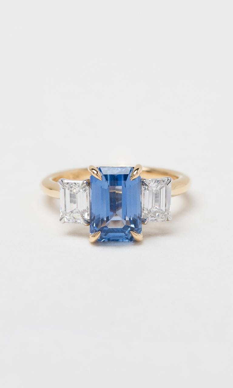 Hogans Family Jewellers 18K YWG Emerald Cut Sapphire & Diamond Trilogy Ring