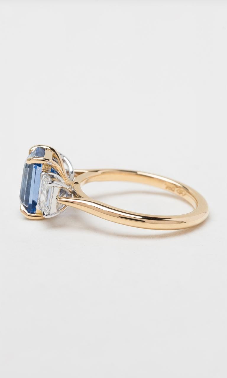 Hogans Family Jewellers 18K YWG Emerald Cut Sapphire & Diamond Trilogy Ring