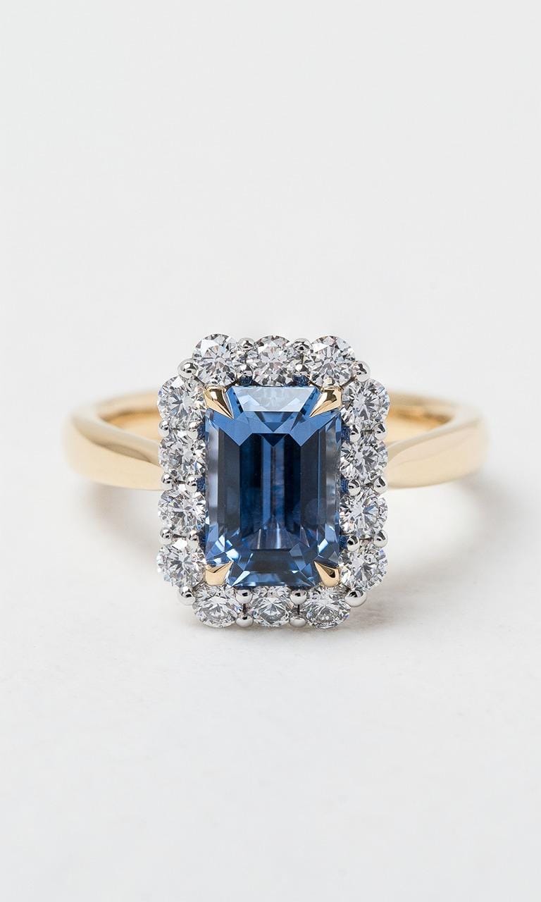 Hogans Family Jewellers 18K YWG Emerald Cut Sapphire Halo Ring