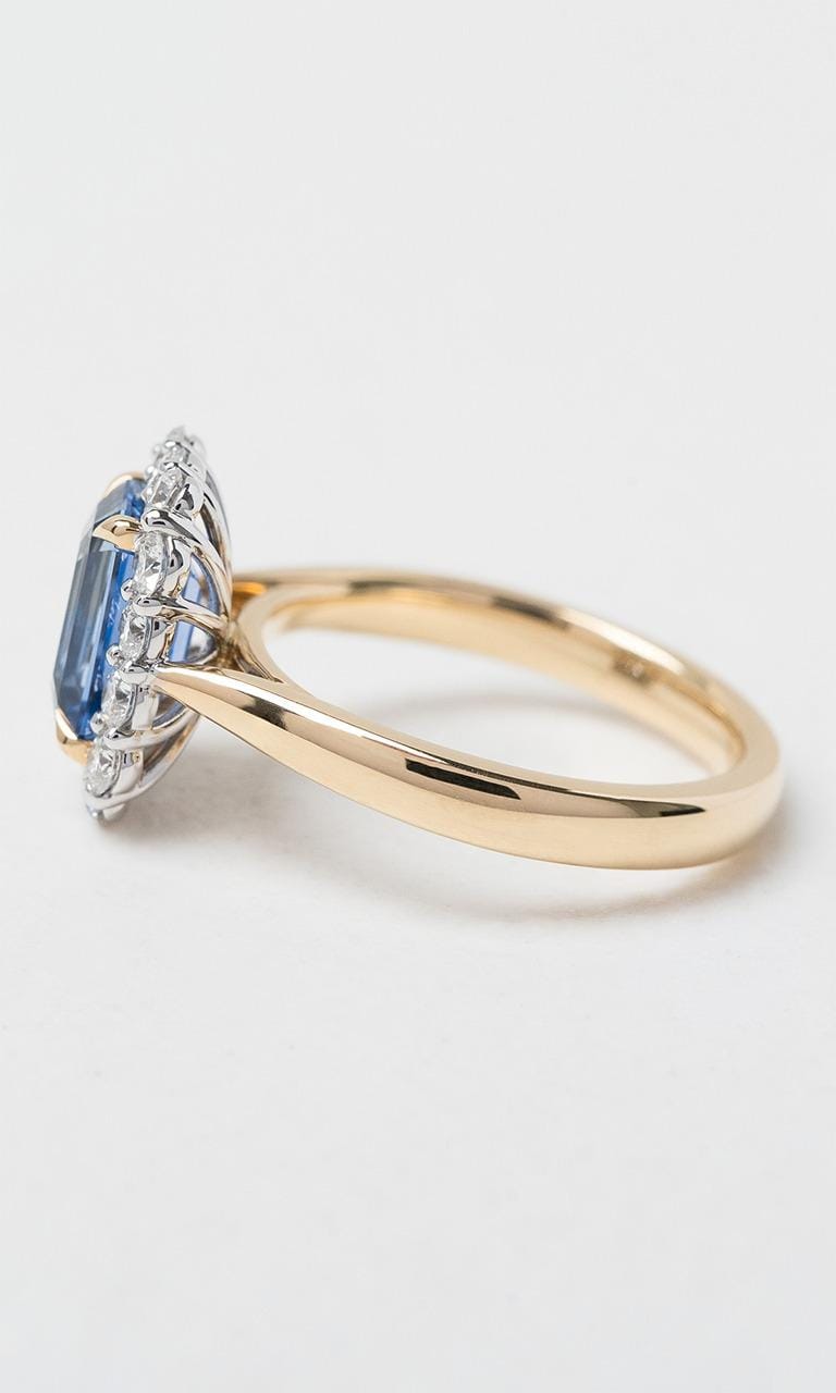 Hogans Family Jewellers 18K YWG Emerald Cut Sapphire Halo Ring