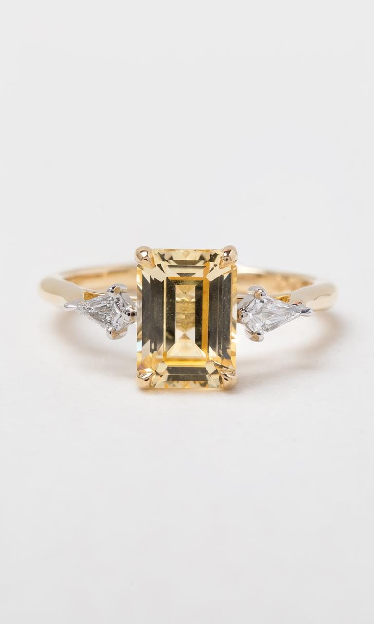 Hogans Family Jewellers 18K YWG Emerald Cut Sapphire Trilogy Ring