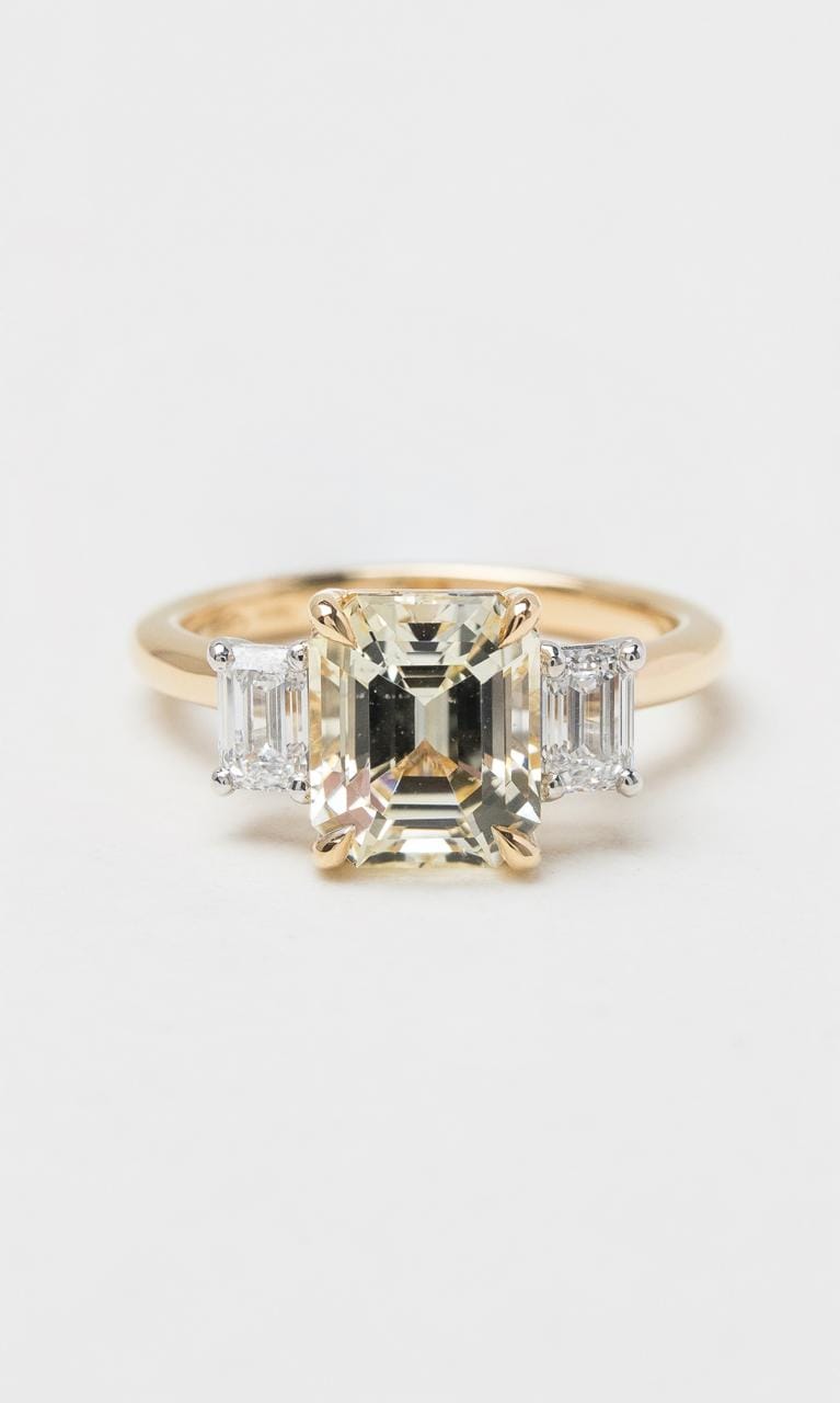 Hogans Family Jewellers 18K YWG Emerald Cut Yellow Sapphire & Diamond Trilogy Ring