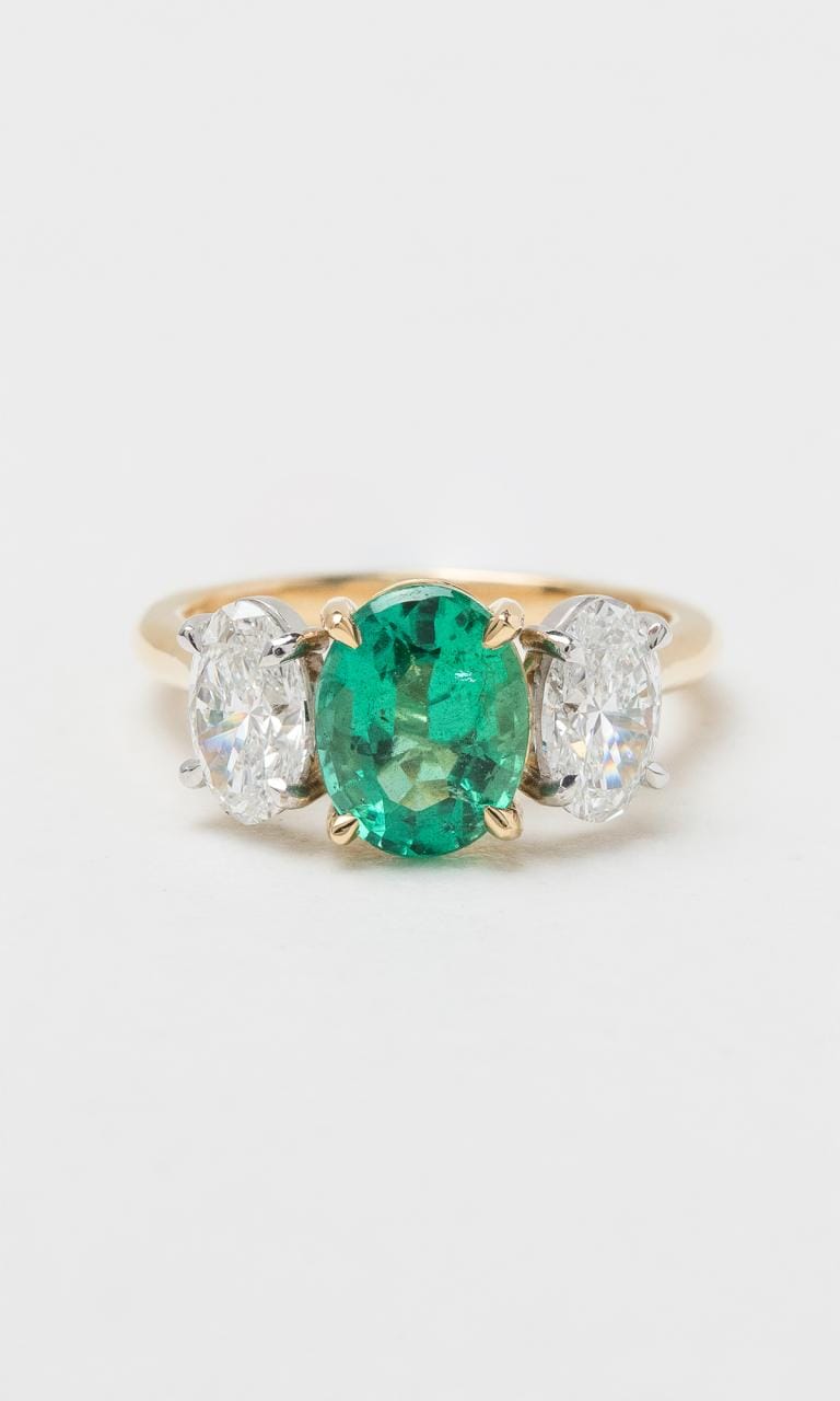 Hogans Family Jewellers 18K YWG Emerald & Diamond Trilogy Ring