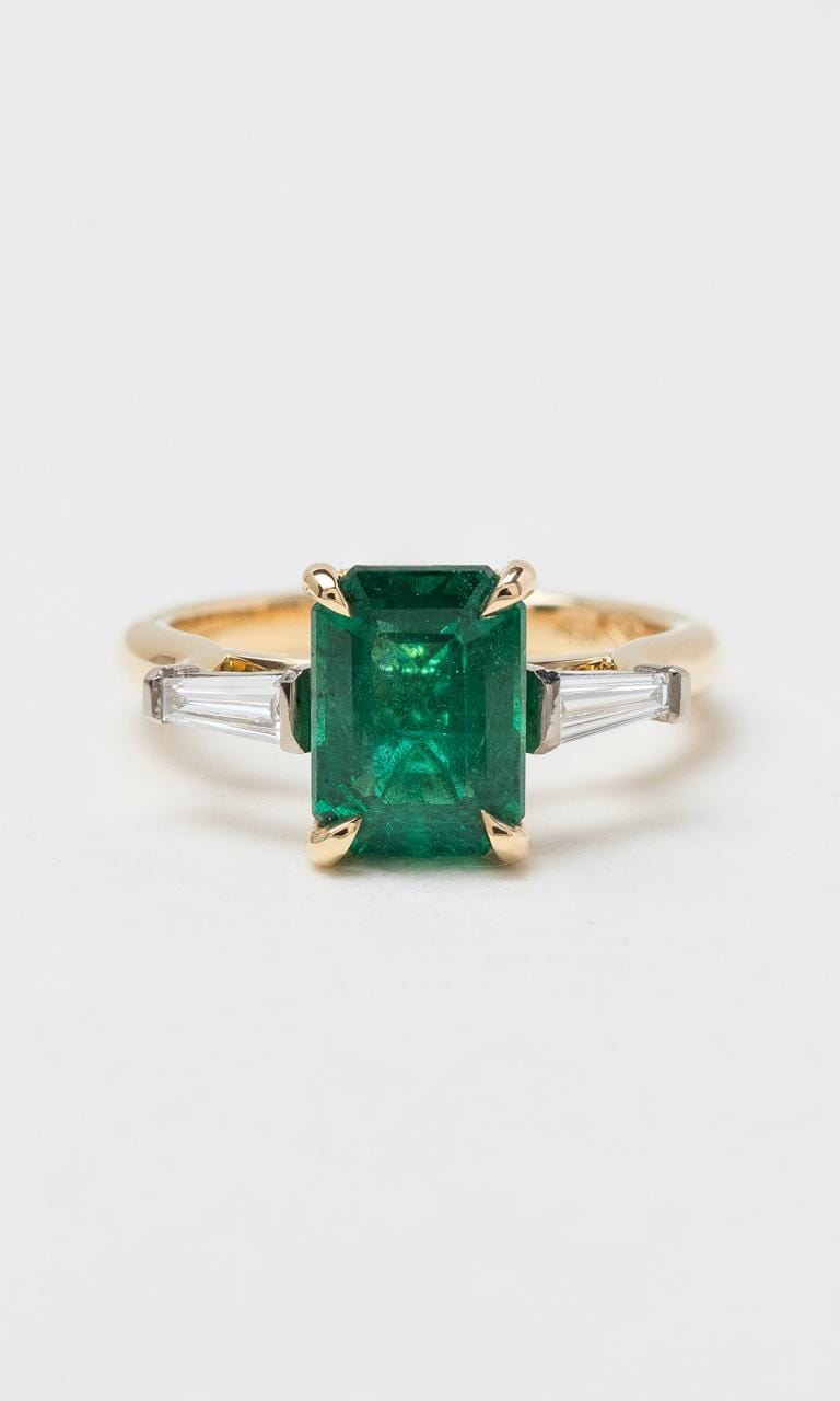 Hogans Family Jewellers 18K YWG Emerald & Tapered Baguette Diamond Trilogy Ring