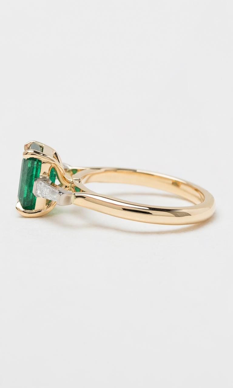 Hogans Family Jewellers 18K YWG Emerald & Tapered Baguette Diamond Trilogy Ring
