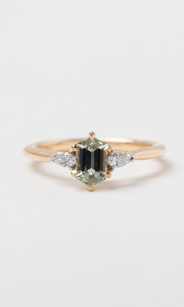 Hogans Family Jewellers 18K YWG Hexagonal Cut Sapphire Trilogy Ring