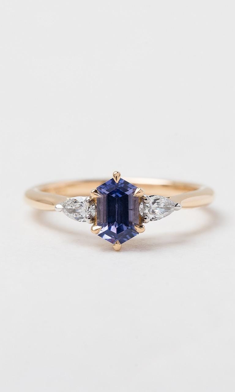 Hogans Family Jewellers 18K YWG Hexagonal Cut Sapphire Trilogy Ring