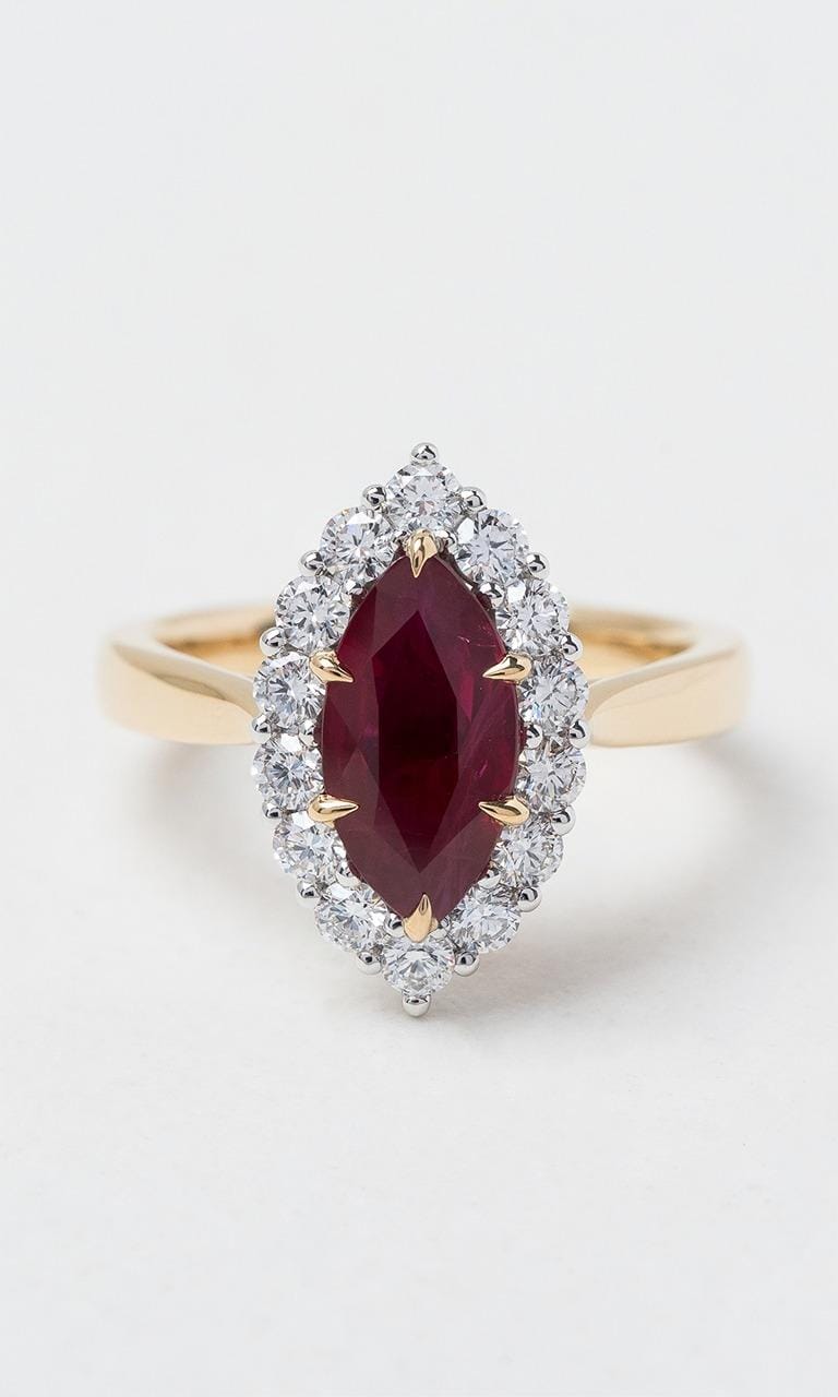 Hogans Family Jewellers 18K YWG Marquise Cut Burmese Ruby Halo Ring