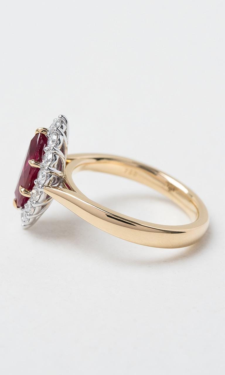 Hogans Family Jewellers 18K YWG Marquise Cut Burmese Ruby Halo Ring