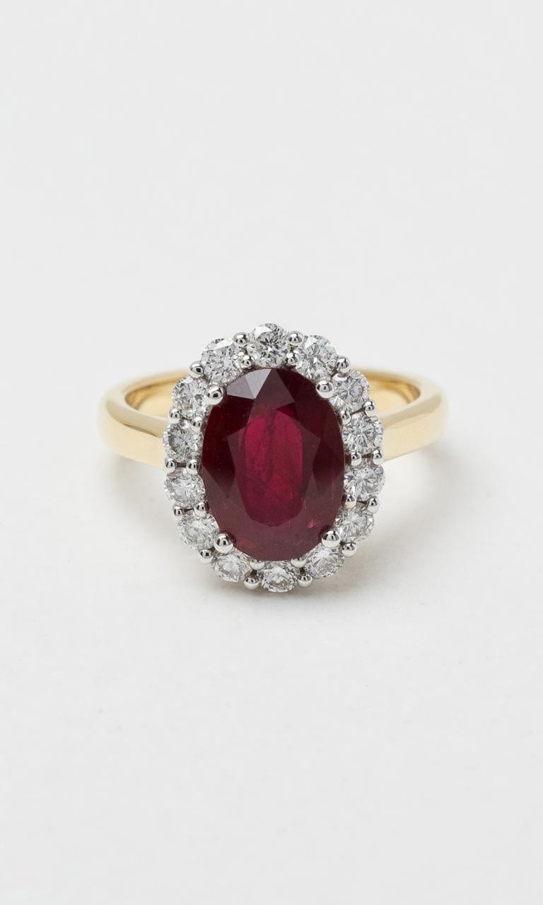 Hogans Family Jewellers 18K YWG Mozambique Ruby & Diamond Halo Ring