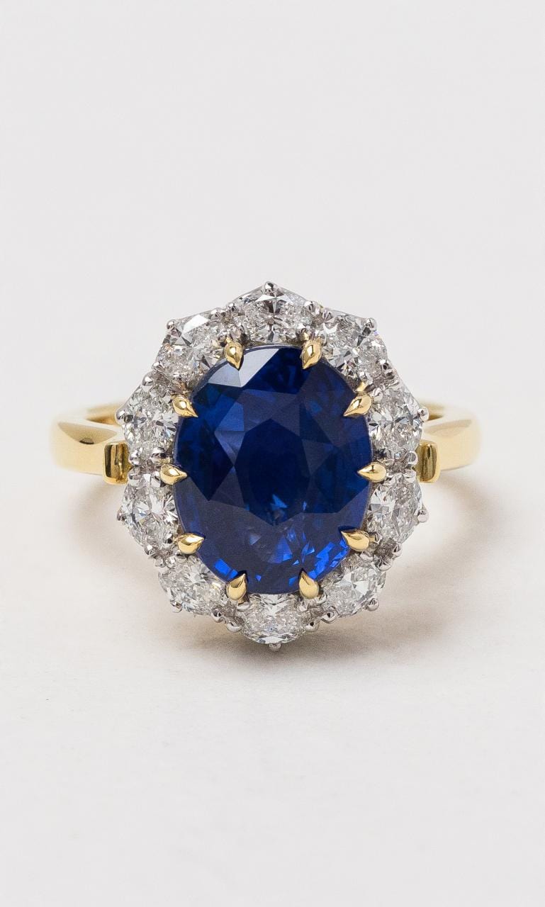 Hogans Family Jewellers 18K YWG Oval Ceylon Sapphire & Diamond Cluster Ring