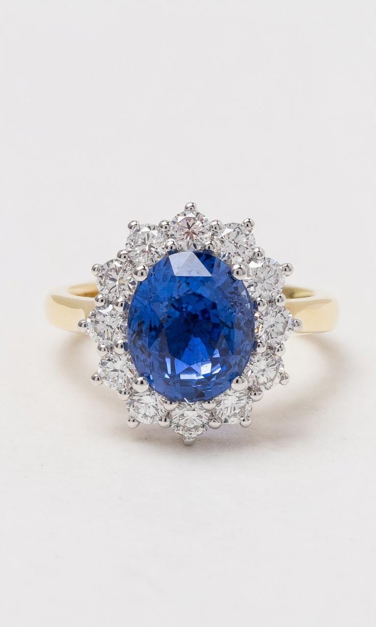 Hogans Family Jewellers 18K YWG Oval Ceylon Sapphire & Diamond Cluster Ring