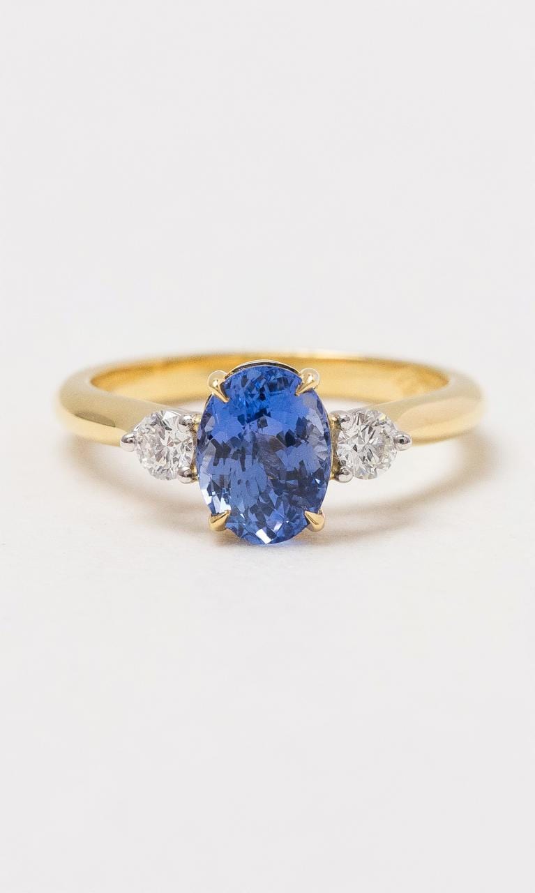Hogans Family Jewellers 18K YWG Oval Ceylon Sapphire Trilogy Ring