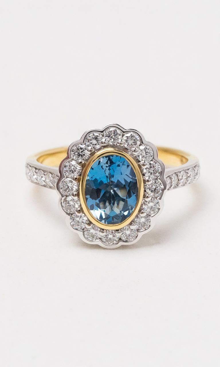 Hogans Family Jewellers 18K YWG Oval Cut Aquamarine Halo Style Ring