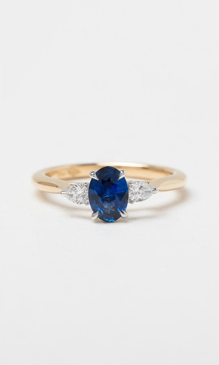Hogans Family Jewellers 18K YWG Oval Cut Ceylon Sapphire & Diamond Trilogy Ring