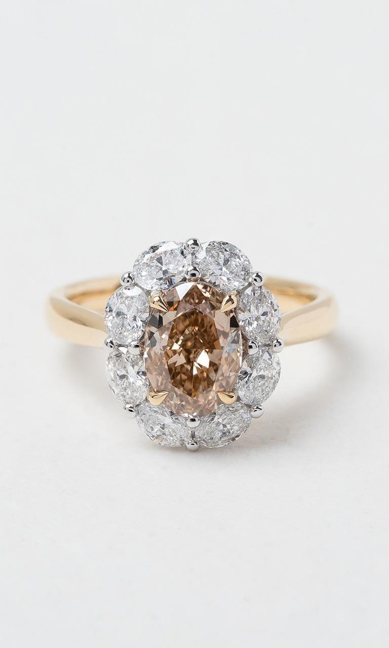 Hogans Family Jewellers 18K YWG Oval Cut Champagne Diamond Halo Ring