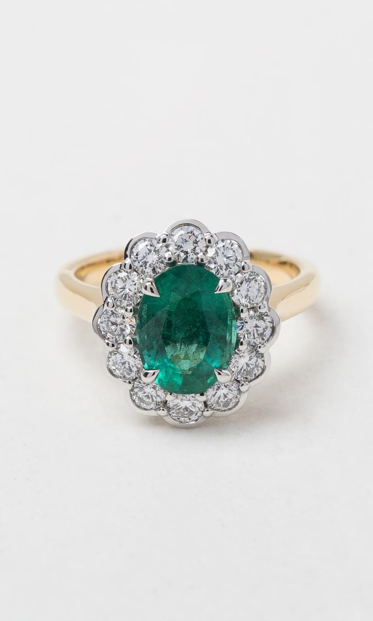 Hogans Family Jewellers 18K YWG Oval Cut Emerald Halo Dress Ring