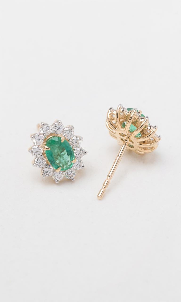 Hogans Family Jewellers 18K YWG Oval Cut Emerald Halo Stud Earrings