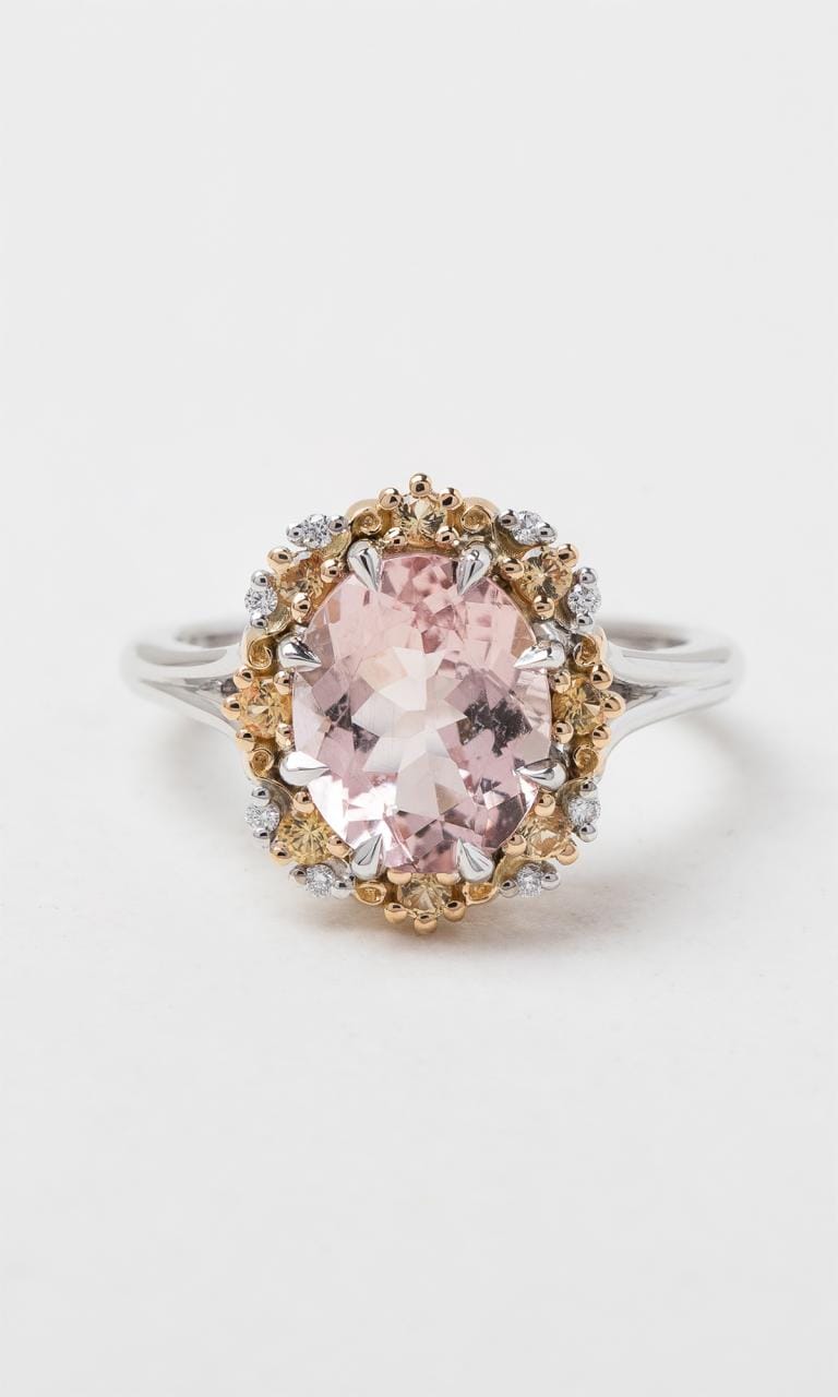 Hogans Family Jewellers 18K YWG Oval Cut Morganite Halo Dress Ring
