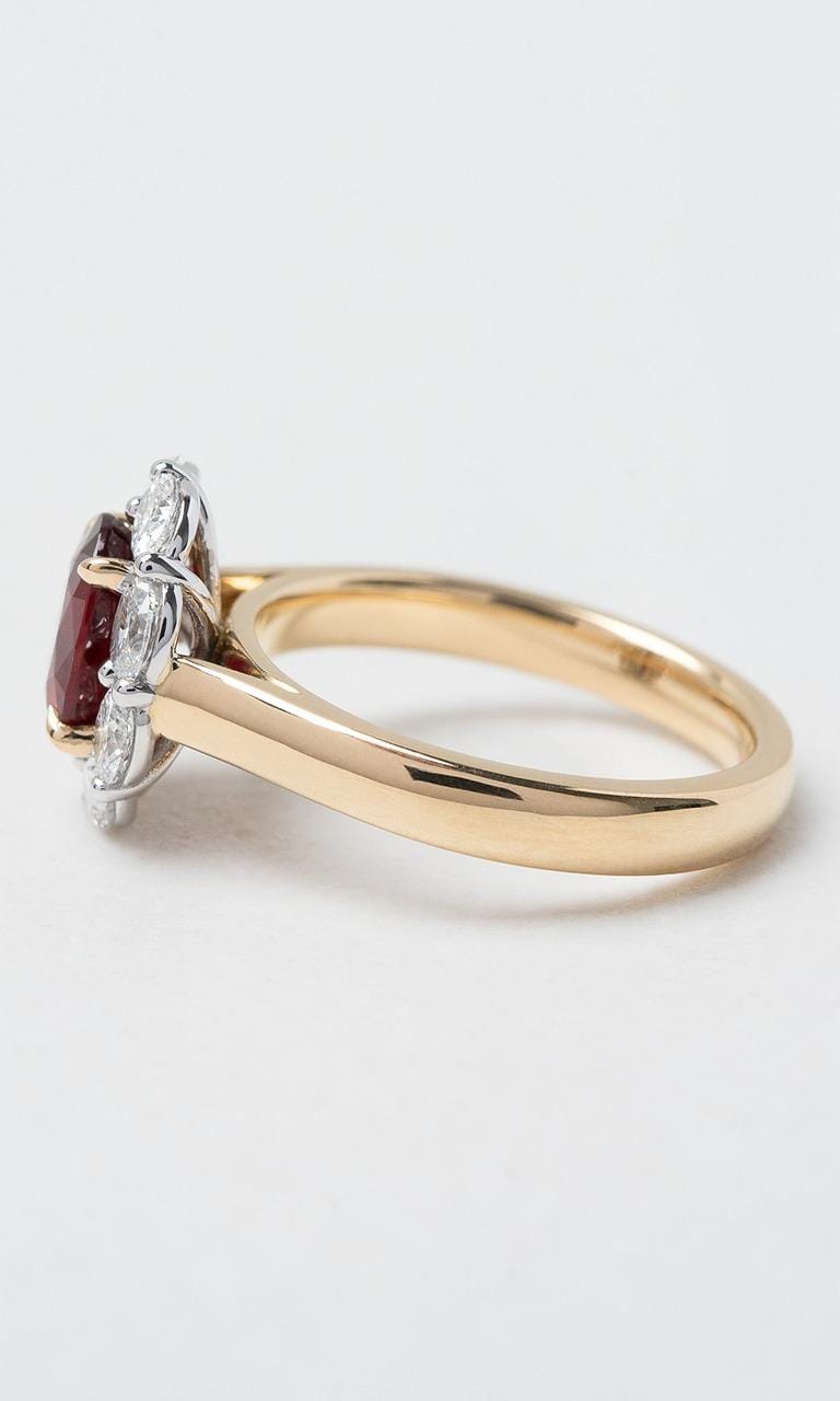 Hogans Family Jewellers 18K YWG Oval Cut Mozambique Ruby Halo Ring