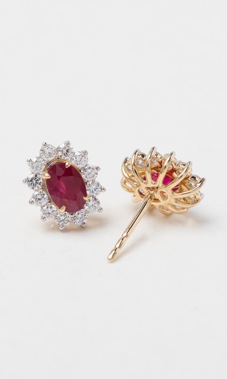 Hogans Family Jewellers 18K YWG Oval Cut Ruby Halo Stud Earrings