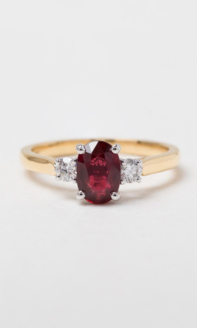 Hogans Family Jewellers 18K YWG Oval Cut Ruby Trilogy Ring