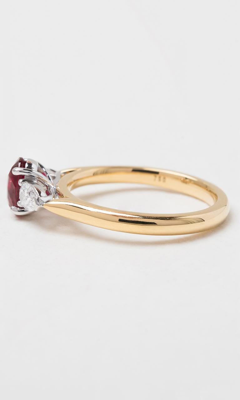 Hogans Family Jewellers 18K YWG Oval Cut Ruby Trilogy Ring