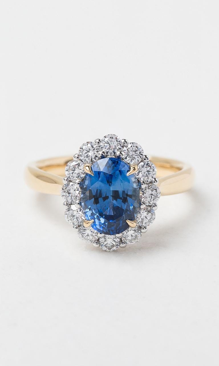 Hogans Family Jewellers 18K YWG Oval Cut Sapphire Halo Ring