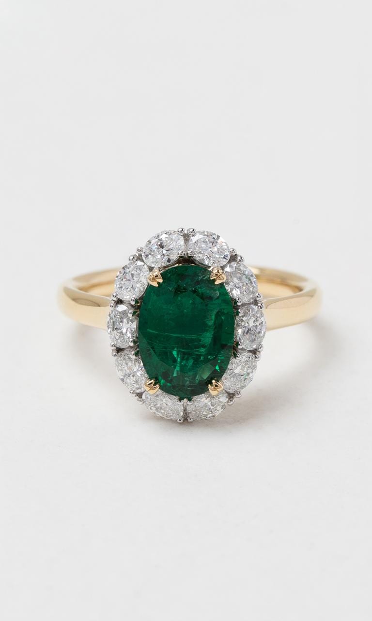 Hogans Family Jewellers 18K YWG Oval Cut Zambian Emerald Halo Dress Ring