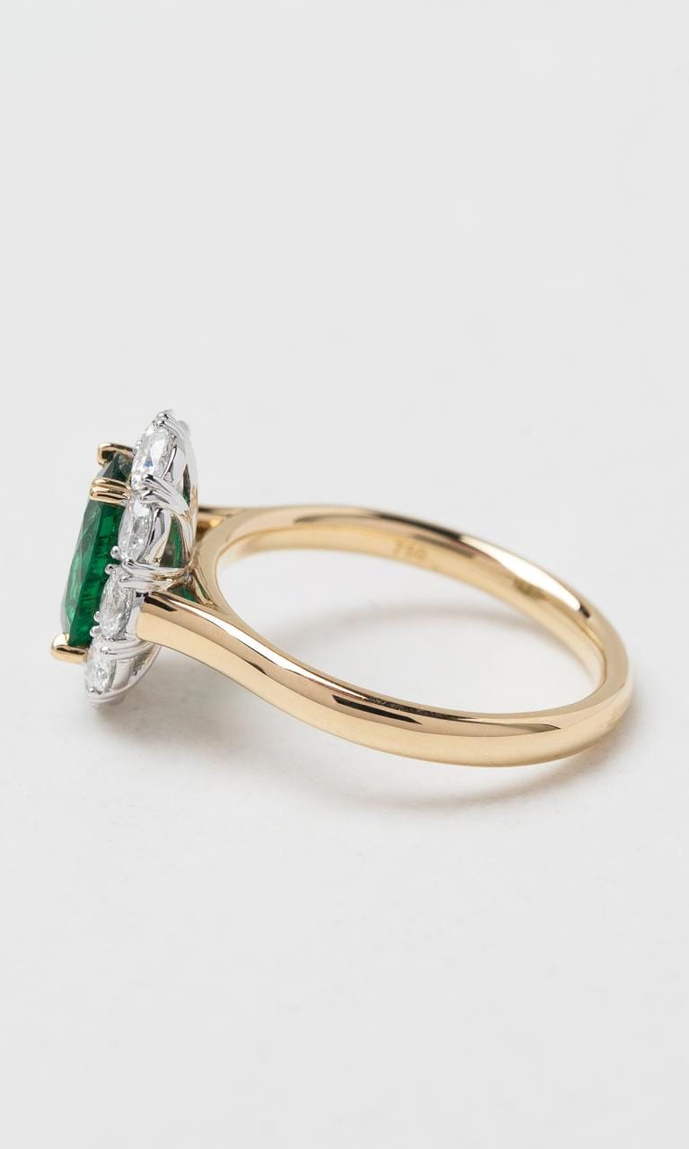 Hogans Family Jewellers 18K YWG Oval Cut Zambian Emerald Halo Dress Ring