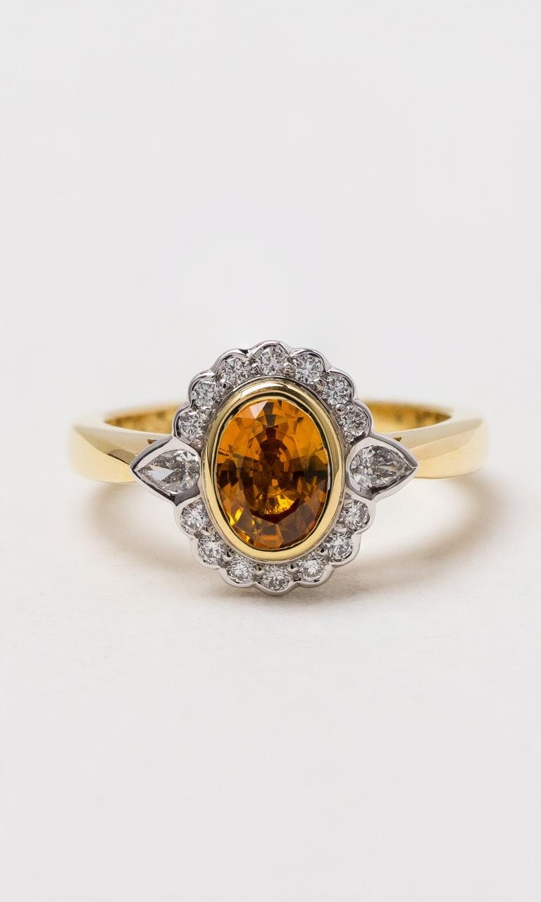 Hogans Family Jewellers 18K YWG Oval Golden Sapphire & Diamond Cluster Ring