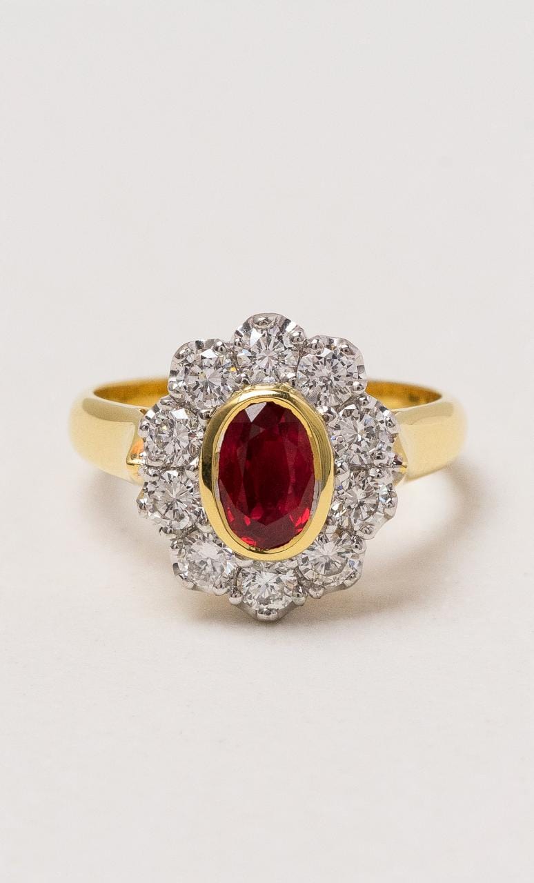 Hogans Family Jewellers 18K YWG Oval Ruby & Diamond Cluster Ring