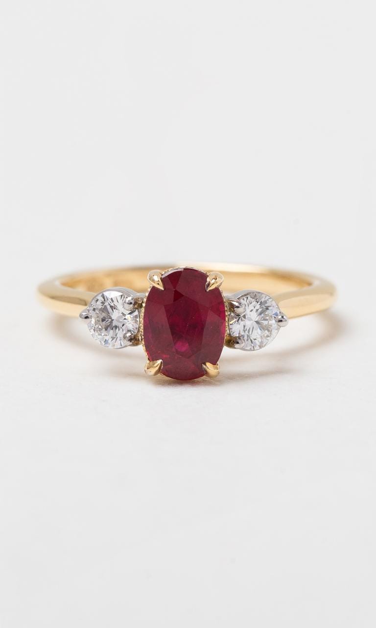 Hogans Family Jewellers 18K YWG Oval Trilogy Ruby Ring