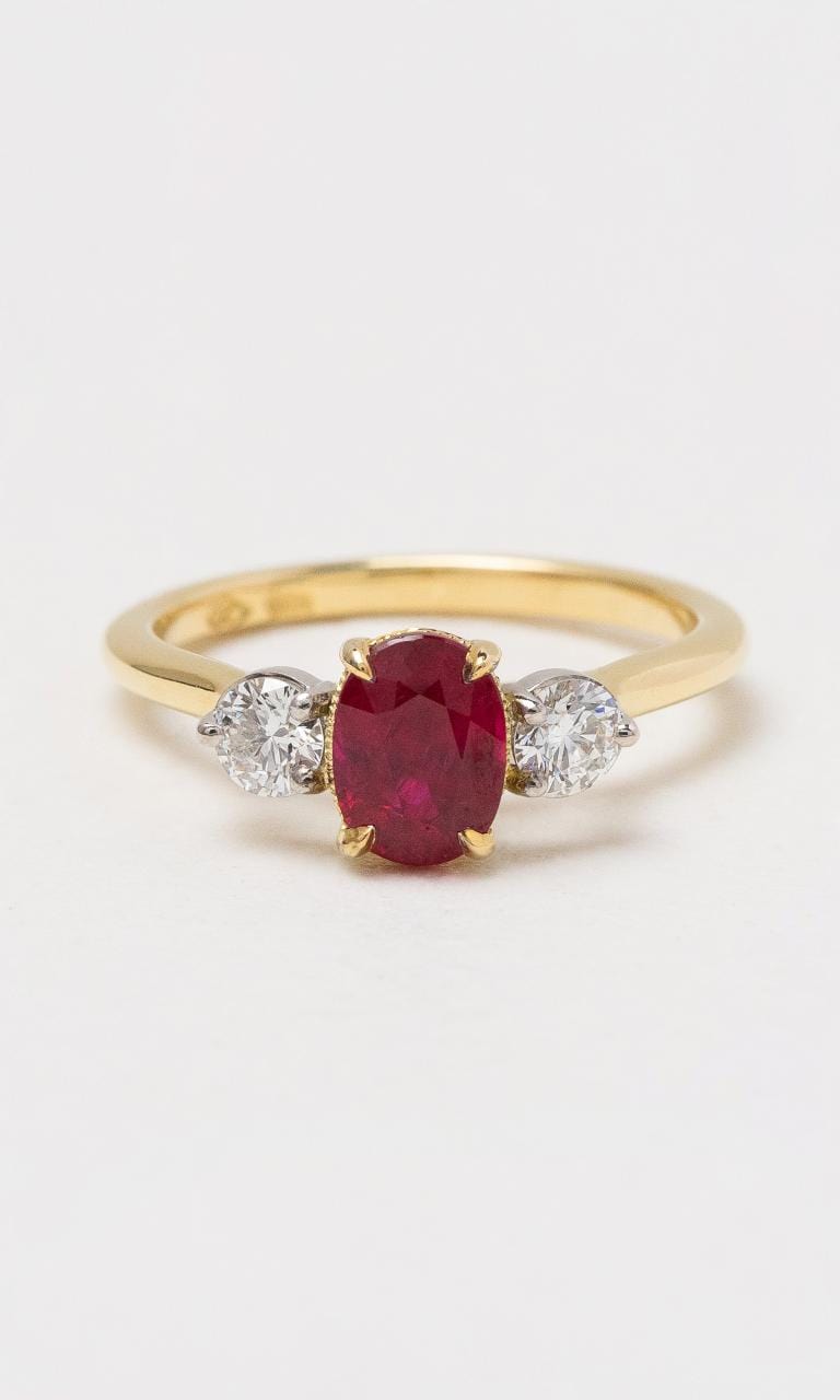 Hogans Family Jewellers 18K YWG Oval Trilogy Ruby Ring