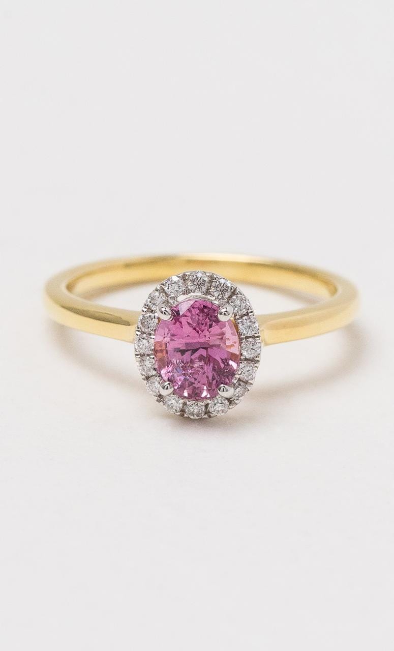 Hogans Family Jewellers 18K YWG Padparadscha Sapphire & Diamond Halo Ring